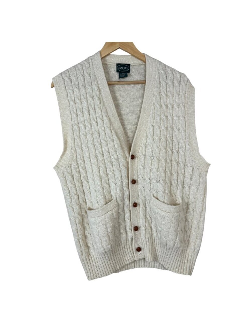Vintage Izod Shetland Wool Blend Sweater Vest Ivory Sz Lrg Cable Knit Academia